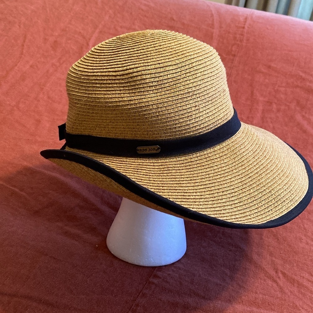 Ron Jon Woman’s Straw Hat with Black Ribbon & Trim with Adjustable Velcro Strip.